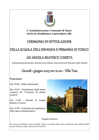 Intitolazione Scuola dell'Infanzia e Primaria di Tonco ad Angela Beatrice Cosseta