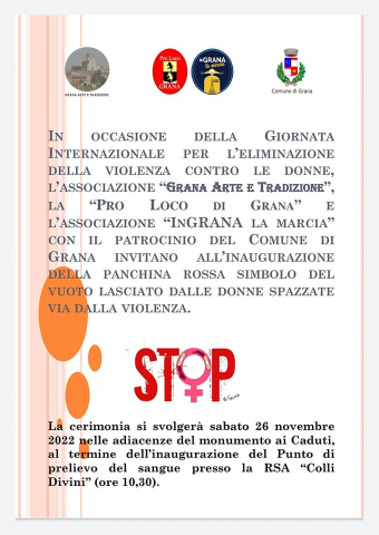 Grana: sabato 26 novembre l'inaugurazione della panchina rossa per la lotta alla violenza sulle donne