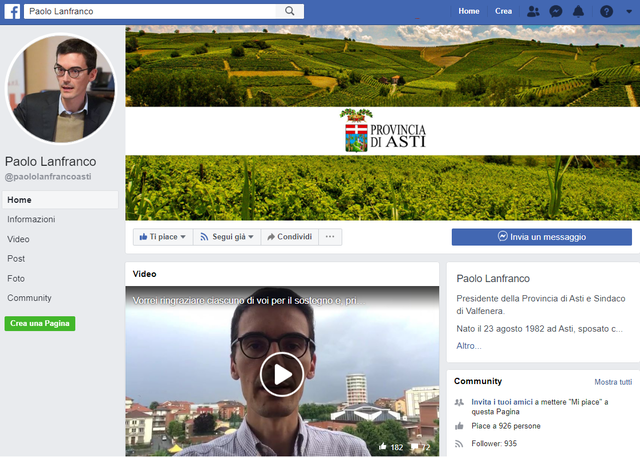 Nuova pagina Facebook per Paolo Lanfranco (presidente della Provincia di Asti)